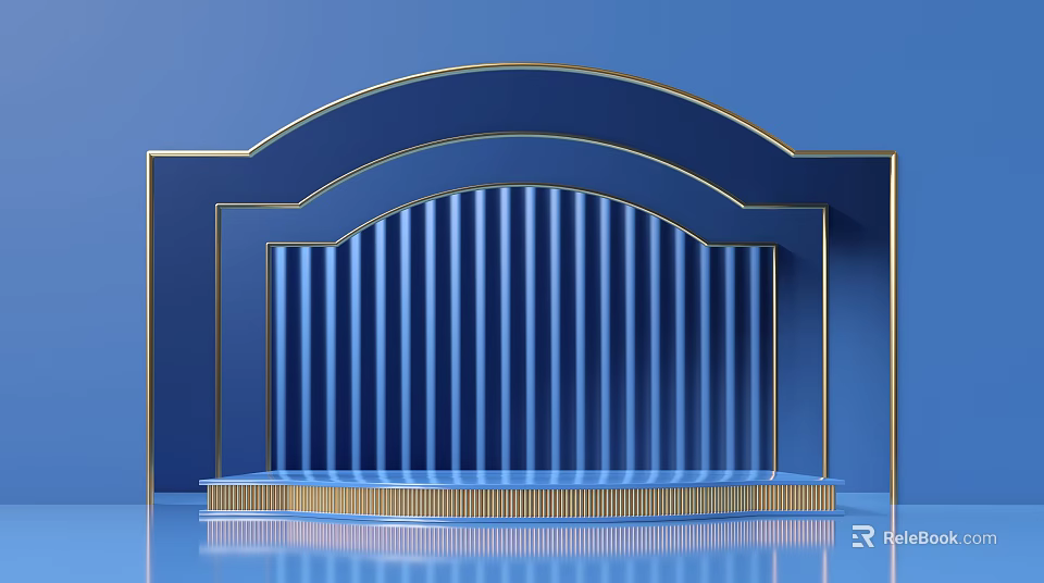 Commercial Display Equipment Featuring Blue Background Golden Border Arched Structure And Striped Backdrop 3d model 
