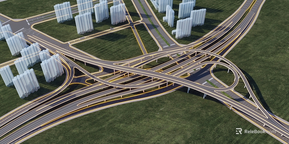 Modern Urban Bridge Interchange with Intersecting Roads Tall Buildings and Green Grass 3d model 