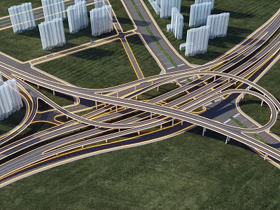 Modern Urban Bridge Interchange with Intersecting Roads Tall Buildings and Green Grass 3d model
