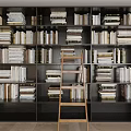 Large Dark Wooden Bookcase With Multiple Shelves Filled With Books And Wooden Ladder