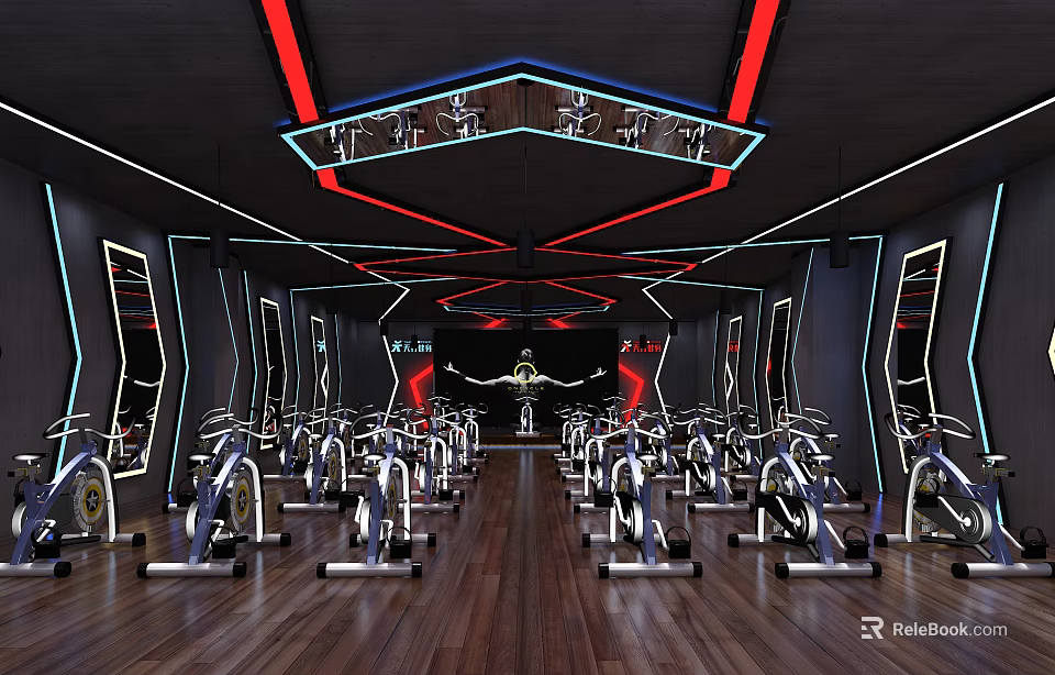 Modern Fitness Gym Interior Featuring Spin Bikes Mirrors Neon Lighting And Wooden Floors 3d model 