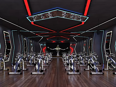 Modern Fitness Gym Interior Featuring Spin Bikes Mirrors Neon Lighting And Wooden Floors 3d model