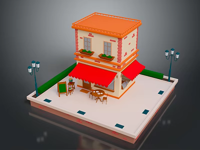 Charming Two Story Building Featuring Orange Roof Red Awning Outdoor Tables Chairs And Street Lamps 3d model