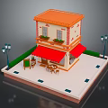 Charming Two Story Building Featuring Orange Roof Red Awning Outdoor Tables Chairs And Street Lamps