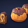 Three Round Bundt Cakes With Chocolate Glaze Sliced To Show Layered Inside On Dark Background