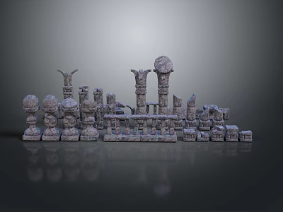 3D Model of Ancient Stone Pillars and Architectural Ruins in Scenic Landscape 3d model