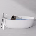 Elegant White Freestanding Bathtub With Modern Faucet And Water Inside On Minimalist Background
