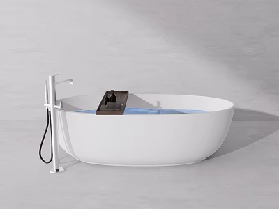 Elegant White Freestanding Bathtub With Modern Faucet And Water Inside On Minimalist Background 3d model