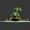 Green Turtle With Blue Shell On Sandy Ground Near Palm Tree Small Stones And Grass