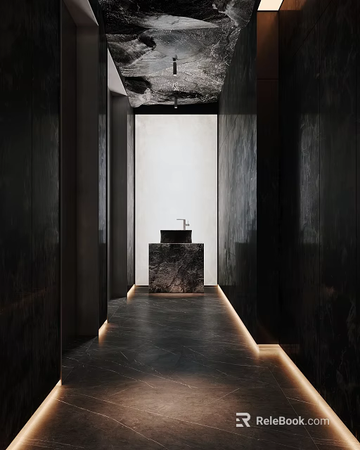 Modern Public Restroom Interior With Dark Walls Marble Sink And Recessed Lighting 3d model 