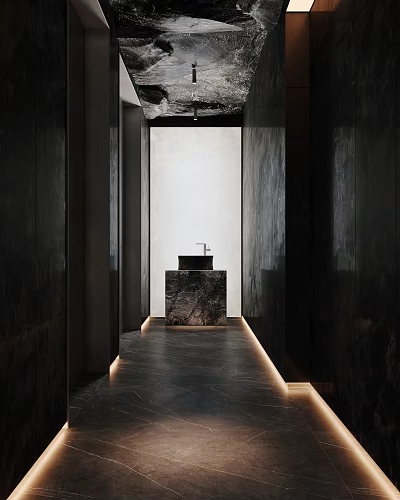 Modern Public Restroom Interior With Dark Walls Marble Sink And Recessed Lighting 3d model