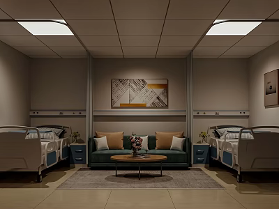 Modern Hospital Ward Interior With Two Beds Green Sofa And Decorative Paintings 3d model