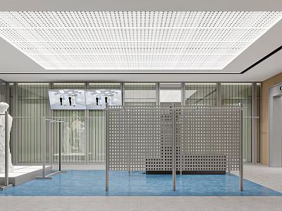 Modern Clothing Store Interior With Glass Walls Display Mannequins Blue Flooring And Grid Ceiling 3d model