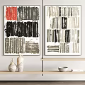 Modern Abstract Paintings With Brushstroke Designs And Wooden Shelf With Vases Bowl And Books