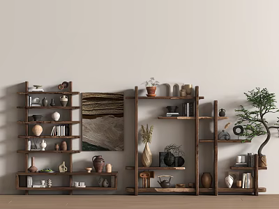 Wooden Display Shelves With Decorative Pottery Books And Green Plants In Interior 3d model
