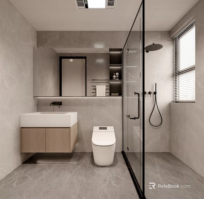 Modern Bathroom Interior Design With White Sink Smart Toilet Glass Shower Partition And Wall Mirror 3d model 