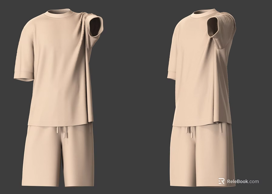 Two Styles of Beige Short Sleeved T Shirt and Shorts 3d model 