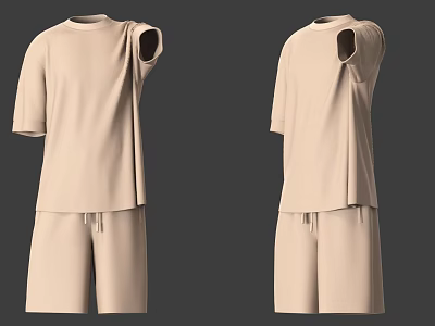 Two Styles of Beige Short Sleeved T Shirt and Shorts 3d model