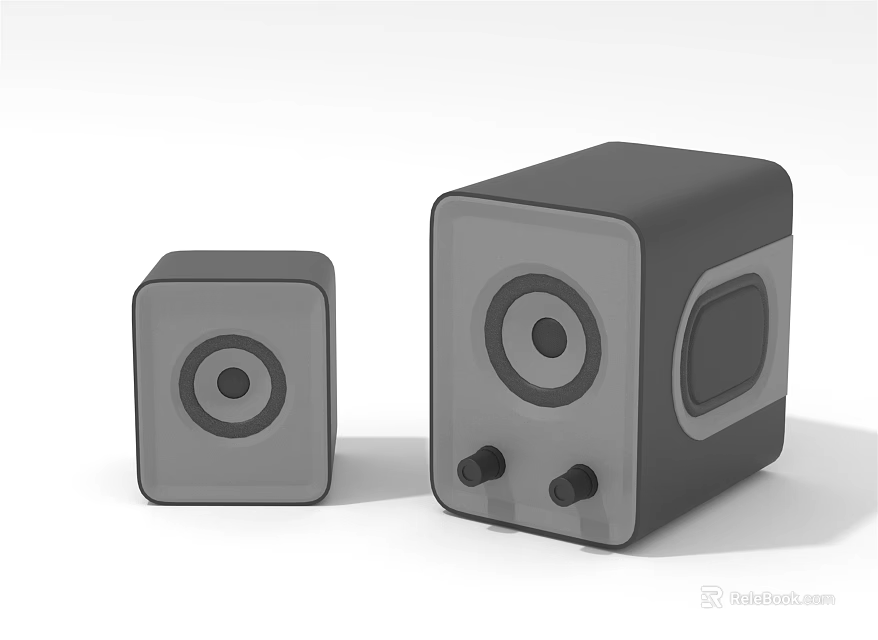 Two Cube Shaped Gray Speakers With Different Sizes And Circular Sound Drivers Design 3d model