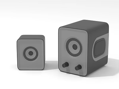 Two Cube Shaped Gray Speakers With Different Sizes And Circular Sound Drivers Design 3d model