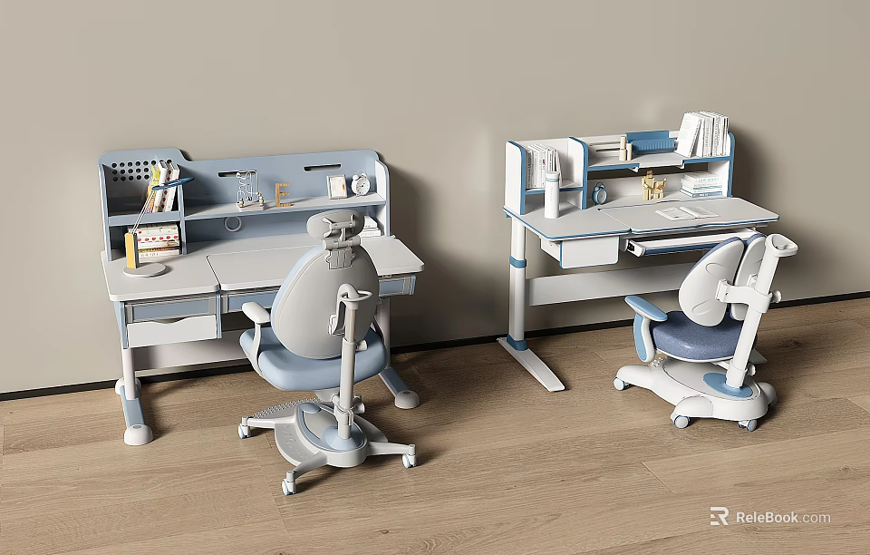 Blue And White Student Desks With Matching Chairs Shelves And Stationery 3d model 