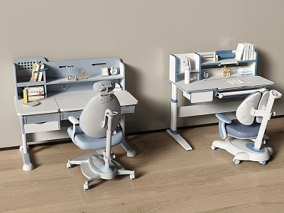 Blue And White Student Desks With Matching Chairs Shelves And Stationery 3d model