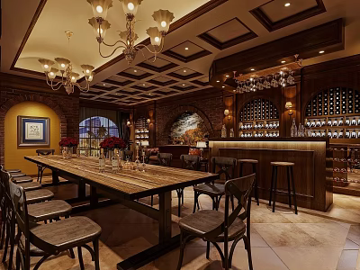 Rustic Bar Interior With Wooden Wine Racks Chandeliers Long Table And Bar Stools 3d model