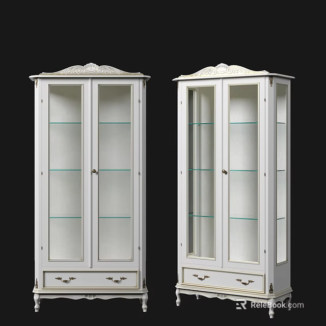 Elegant White Wine Cabinet Featuring Glass Doors Ornate Top And Bottom Drawers 3d model 
