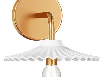 Modern Stylish Wall Light With Gold Round Base And White Scalloped Lampshade 3d model