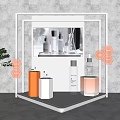 Elegant Store Window Display With Skincare Bottles Colored Containers Hexagonal Decorations And Display Frames
