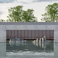 Modern Landscape Wall Design With Water Reflection Green Trees And Rock Formations