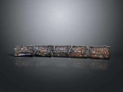 Stone Wall Panels With Various Textures Arranged In A Row On Gray Background With Reflection 3d model