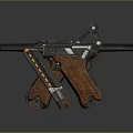 Vintage Pistols with Wooden Grips Black Metal Parts and Yellow Marking