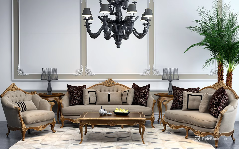 Beige Sofa Coffee Table Set With Golden Frame Decorative Pillows And Side Table Lamps 3d model 