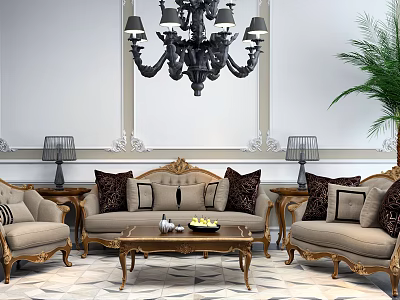 Beige Sofa Coffee Table Set With Golden Frame Decorative Pillows And Side Table Lamps 3d model