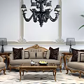 Beige Sofa Coffee Table Set With Golden Frame Decorative Pillows And Side Table Lamps