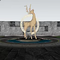 Golden Deer Sculpture With Circular White Background And Cherry Blossom Trees Around Fountain Base