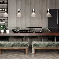 Modern Restaurant Interior With Open Kitchen Design Wooden Elements And Hanging Lights 3d model