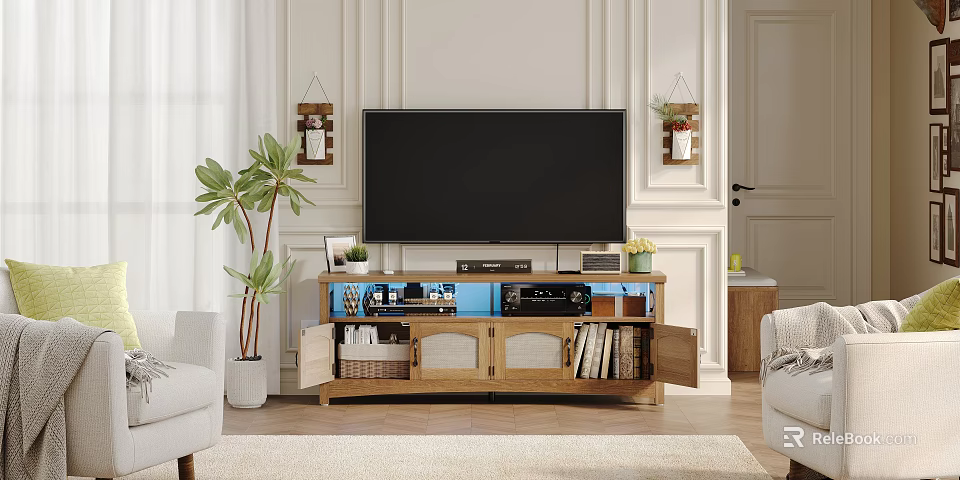 Modern Wooden TV Stand With Storage Drawers Open Shelves TV Screen And Living Room Decor 3d model 