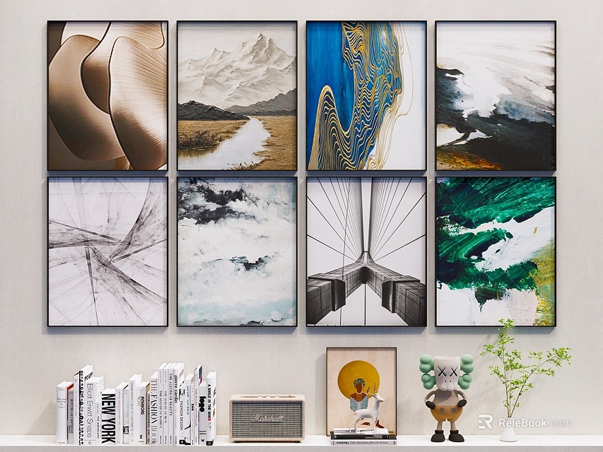 Stylish Decorative Ornament Set with Various Wall Art Books Radio Figurines and Potted Plant 3d model 