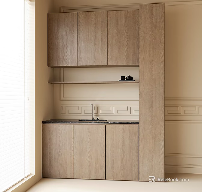 Light Wood Sideboard With Upper Lower Cabinets Open Shelf Dark Countertop Beige Wall Decorative Molding 3d model 