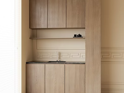 Light Wood Sideboard With Upper Lower Cabinets Open Shelf Dark Countertop Beige Wall Decorative Molding 3d model