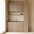 Light Wood Sideboard With Upper Lower Cabinets Open Shelf Dark Countertop Beige Wall Decorative Molding