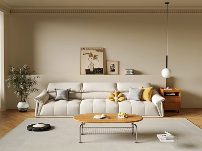 Cozy Modern Living Room With Three-Seater Sofa Soft Cushions Wooden Coffee Table And Wall Paintings 3d model