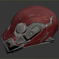 Futuristic Red Mechanical Helmet Design With Metallic Details And Circular Gauge