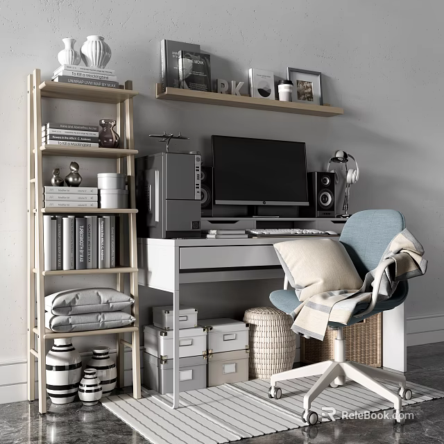 Organized Home Office Desk With Computer Monitor Bookshelf Books Decorations And Blue Chair Pillow 3d model 