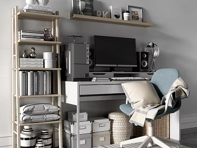 Organized Home Office Desk With Computer Monitor Bookshelf Books Decorations And Blue Chair Pillow 3d model