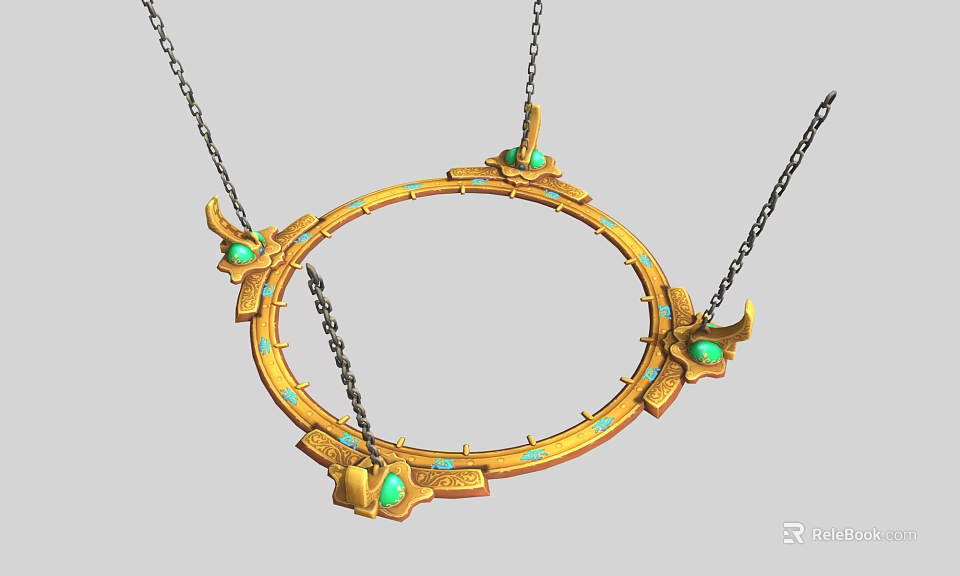 Golden Circular Architectural Ornament With Green Gemstones And Decorative Chains 3d model 