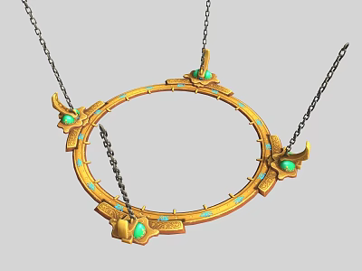 Golden Circular Architectural Ornament With Green Gemstones And Decorative Chains 3d model