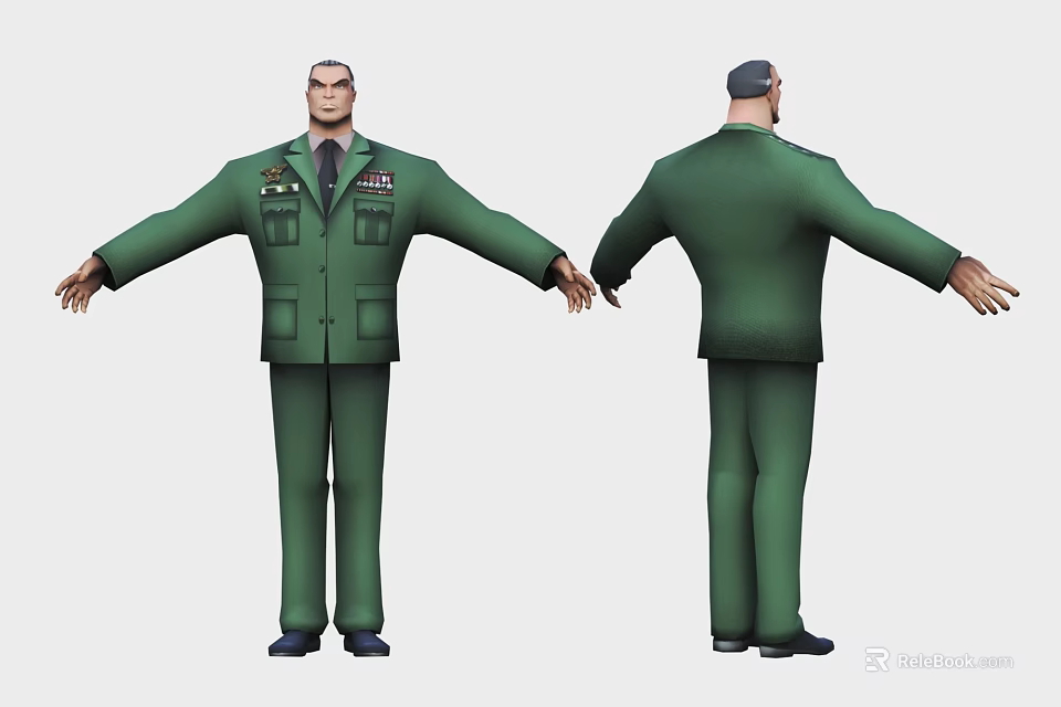 Game Character In Green Military Uniform With Badges Front And Back Views Arms Outstretched 3d model 
